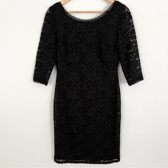 Eliza J Black Lace Overlay 3/4 Sleeve Sheath Dress, Size 2 NWOT - Picture 2 of 11